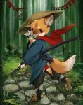  4_toes anthro bamboo canine claws clothing cub detailed_background footwear fox hi_res mammal open_mouth samurai sandals sarusa1 standing teeth toes young 