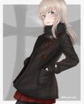  bangs black_coat black_legwear cigarette clenched_teeth coat commentary cowboy_shot eyebrows_visible_through_hair frown fur_collar girls_und_panzer grey_background hands_in_pockets highres iron_cross itsumi_erika kuromorimine_military_uniform long_hair long_sleeves looking_at_viewer miniskirt mouth_hold open_clothes open_coat outside_border pantyhose pleated_skirt red_skirt skirt smoking solo standing tacch teeth twitter_username winter_uniform zipper 