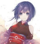  bare_shoulders blue_eyes blue_hair bob_cut haizome_senri hasedou_(oshiro_project) highres japanese_clothes kimono looking_at_viewer obi oshiro_project oshiro_project_re sash short_hair simple_background smile solo upper_body white_background 