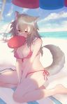  animal_ear_fluff animal_ears asano_(asamusuko) bangs bare_arms bare_legs bare_shoulders beach beach_towel beach_umbrella between_legs bikini blue_sky breasts cleavage cloud cloudy_sky day detached_collar frisbee front-tie_bikini front-tie_top full_body fur_collar hair_between_eyes half-closed_eyes hand_between_legs japanese_wolf_(kemono_friends) kemono_friends light_brown_hair long_hair looking_at_viewer medium_breasts mouth_hold multicolored_hair navel ocean outdoors plaid plaid_bikini sand shade shiny shiny_skin side-tie_bikini side-tie_bottom sitting skindentation sky solo stomach swimsuit tail towel two-tone_hair umbrella v_arms water white_hair wolf_ears wolf_girl wolf_tail yellow_eyes 