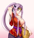  alternate_costume arm_behind_head basket breasts cosplay covered_nipples fate/grand_order fate_(series) hair_censor hair_over_one_breast headband japanese_clothes large_breasts light_blush long_hair looking_at_viewer nichts_(nil) off_shoulder one_breast_out ponytail purple_eyes purple_hair rider sidelocks solo tawara_touta_(fate/grand_order) tawara_touta_(fate/grand_order)_(cosplay) very_long_hair 