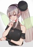  arm_under_breasts bangs bare_shoulders black_dress black_hairband breast_hold breasts closed_mouth collarbone detached_sleeves dress elf elu_(nijisanji) eyebrows_visible_through_hair gradient gradient_background green_wings grey_background hair_between_eyes hair_ornament hairband halter_dress hand_up heart heart_cutout highres light_brown_hair long_hair medium_breasts nijisanji pointy_ears racchi. red_eyes see-through short_sleeves side_ponytail sidelocks smile solo transparent_wings very_long_hair virtual_youtuber white_background wings 