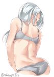  ass back blush bra closed_eyes closed_mouth ebifurya from_behind grey_bra grey_panties hair_over_shoulder highres kantai_collection long_hair looking_back looking_down o-ring o-ring_bottom o-ring_panties panties sagiri_(kantai_collection) shoulder_blades silver_hair simple_background solo tears twitter_username underwear underwear_only white_background 