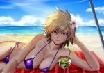  bakugou_mitsuki beach bikini blonde_hair boku_no_hero_academia breasts cleavage clouds drink easonx red_eyes shade short_hair signed sky swimsuit water watermark 