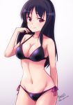  arm_behind_back artist_name bangs bikini black_bikini black_hair breasts cleavage closed_mouth collarbone commentary_request cowboy_shot eyebrows_visible_through_hair gradient gradient_background grey_background hand_in_hair haruhata_mutsuki long_hair looking_at_viewer medium_breasts navel purple_eyes saki saki_achiga-hen shimizudani_ryuuka side-tie_bikini signature smile solo standing swimsuit twitter_username 