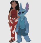  2018 3_toes 5_toes aged_up alien anthro anthrofied black_eyes black_hair blue_fur blue_nose blush brown_eyes clothed clothing digital_drawing_(artwork) digital_media_(artwork) disney duo experiment_(species) female footwear fur grey_background hair hand_on_hip head_tuft hi_res human lilo_and_stitch lilo_pelekai long_hair male mammal notched_ear sandals shorts simple_background smile standing stitch toes yinller 