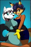  2017 anthro blue_background blue_eyes blue_hair breast_squish breasts brown_eyes canine carmelita_fox clothed clothing dress duo ear_piercing eyelashes female female/female fox fur gloves grin hair halter_top hands_on_hip lipstick looking_at_viewer looking_back makeup mammal midriff multicolored_fur orange_fur piercing portrait purple_hair rear_view short_hair shorts simple_background sly_cooper_(series) smile three-quarter_portrait two_tone_fur verona7881 video_games wolf 
