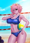  1girl ;d ashido_mina bare_shoulders beach black_sclera blue_sky boku_no_hero_academia breasts buruma cleavage commentary_request cowboy_shot crop_top day easonx horns large_breasts looking_at_viewer midriff mineta_minoru navel one_eye_closed open_mouth pink_hair pink_skin short_hair sky smile volleyball 