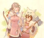  animal_costume blonde_hair braid brown_hair closed_eyes e_f_regan826 gloves h'aanit_(octopath_traveler) jewelry long_hair multiple_girls necklace octopath_traveler open_mouth short_hair simple_background smile tressa_(octopath_traveler) weapon white_background wolf_costume 