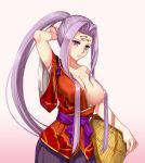  alternate_costume arm_behind_head basket breasts cosplay covered_nipples facial_mark fate/grand_order fate_(series) forehead_mark hair_censor hair_over_one_breast japanese_clothes large_breasts light_blush long_hair looking_at_viewer nichts_(nil) off_shoulder one_breast_out ponytail purple_eyes purple_hair rider sidelocks solo tawara_touta_(fate/grand_order) tawara_touta_(fate/grand_order)_(cosplay) very_long_hair 