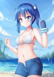  arlly_radithia bare_arms bare_shoulders bikini blue_eyes blue_gloves blue_hair blue_shorts blue_sky blush breasts cleavage closed_mouth cloud collarbone commentary_request day fingerless_gloves gloves hair_ornament highres horizon medium_breasts navel ocean open_clothes open_fly open_shorts original outdoors palm_tree short_shorts shorts sidelocks single_glove sky smile solo swimsuit tree twintails water wet white_bikini 