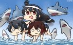  :3 agano_(kantai_collection) animal barefoot black_hair brown_hair carrying commentary dated fish hair_between_eyes hair_ornament hamu_koutarou highres kantai_collection long_hair multiple_girls mutsuki_(kantai_collection) o_o ocean open_mouth red_eyes running_on_liquid shaded_face shark short_hair yamashiro_(kantai_collection) 