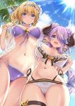  bare_shoulders bikini blonde_hair blue_eyes blue_sky blush breasts butterfly_earrings cameltoe cleavage closed_mouth collarbone commentary_request day diadem double_bun draph eyebrows_visible_through_hair flower frilled_bikini frills front-tie_bikini front-tie_top granblue_fantasy hair_between_eyes hair_flower hair_intakes hair_ornament hair_over_one_eye hairclip hakui_ami heart heart-shaped_pupils highres hips horns jeanne_d'arc_(granblue_fantasy) large_breasts lavender_hair lily_(flower) long_hair low_tied_hair narmaya_(granblue_fantasy) navel open_mouth palm_tree purple_bikini side-tie_bikini sky smile standing strap_pull sunlight swimsuit symbol-shaped_pupils thigh_strap thighs tree white_bikini 