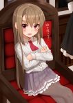  absurdres chair commentary_request crossed_arms crossed_legs hair_between_eyes highres light_brown_hair long_hair long_sleeves looking_at_viewer open_mouth original pantyhose red_eyes shirt sitting skirt solo takamiya_nao thick_eyebrows translation_request upper_body 
