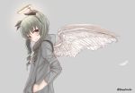  anchovy angel_wings bangs black_ribbon casual closed_mouth commentary drill_hair feathered_wings feathers from_side girls_und_panzer glowing green_hair grey_background grey_coat hair_ribbon halo hands_in_pockets head_tilt highres long_hair long_sleeves looking_at_viewer red_eyes ribbon simple_background smile solo standing tacch twin_drills twintails twitter_username upper_body white_wings wings 