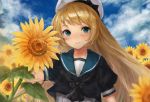  blonde_hair blue_eyes blue_sailor_collar blue_sky blush_response cloud day dress flower hat jervis_(kantai_collection) kantai_collection long_hair looking_at_viewer outdoors sailor_collar sailor_dress sailor_hat short_sleeves sky smile solo sunflower toka_(marchlizard) upper_body white_dress white_hat 
