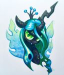  2018 blue_hair celebi-yoshi changeling crown equine fangs female feral floppy_ears friendship_is_magic green_eyes green_sclera hair headshot_portrait hi_res horn insect_wings long_hair looking_at_viewer mammal marker_(artwork) my_little_pony portrait queen_chrysalis_(mlp) simple_background slit_pupils solo traditional_media_(artwork) white_background wings 
