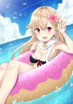  :d bare_shoulders bikini_top blonde_hair blush breasts cleavage flower hair_flaps hair_flower hair_ornament hairclip hibiscus highres innertube kantai_collection long_hair looking_at_viewer medium_breasts noeru_(gt17854) ocean open_mouth red_eyes remodel_(kantai_collection) scarf smile solo swimsuit v white_scarf yuudachi_(kantai_collection) 