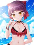  bangs bare_shoulders beach bikini blush bow bracelet breasts brooch choker cleavage cloud collarbone day eyebrows_visible_through_hair gegege_no_kitarou hair_bow halter_top halterneck ittan_momen_(gegege_no_kitarou) jewelry large_breasts looking_at_viewer naomi_(fantasia) nekomusume nekomusume_(gegege_no_kitarou_6) ocean outdoors plaid plaid_bikini plaid_bikini_top pointy_ears purple_hair red_bikini_top red_bow short_hair sky swimsuit upper_body water yellow_eyes 