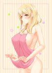  absurdres apron apron_lift areola_slip areolae bangs blonde_hair border breasts cleavage closed_mouth cowboy_shot eyebrows_visible_through_hair hair_between_eyes highres holding large_breasts lifted_by_self long_hair naked_apron nipple_slip nipples orange_background out-of-frame_censoring pink_apron pink_border shirouzu_myuuta sideboob smile solo striped striped_background sunohara_ayaka sunoharasou_no_kanrinin-san vertical-striped_background vertical_stripes yellow_eyes 