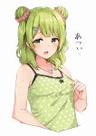  bangs bare_arms bare_shoulders blush bow camisole cropped_torso double_bun eyebrows_visible_through_hair green_camisole green_eyes green_hair hair_ornament hair_scrunchie hairclip highres jewelry light_green_hair long_hair looking_at_viewer morinaka_kazaki necklace nijisanji open_mouth pink_scrunchie polka_dot polka_dot_camisole racchi. scrunchie side_bun simple_background solo sweat translation_request uneven_eyes virtual_youtuber white_background 