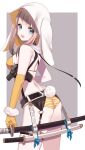  :d animal_ears ass bangs bare_arms bare_shoulders bikini blue_eyes blush breasts brown_hair bunny_ears bunny_girl bunny_tail commentary_request cowboy_shot elbow_gloves eyebrows_visible_through_hair fang from_behind gloves grey_background gun head_tilt highres holster hood hood_up horizontal_stripes katana looking_at_viewer looking_back looking_to_the_side medium_breasts misumi_(macaroni) open_mouth orange_bikini_top orange_gloves original sheath sheathed sideboob sidelocks single_elbow_glove single_glove smile solo strap_gap striped striped_bikini_bottom swimsuit sword tail two-tone_background weapon white_background white_hood 