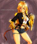  antenna_hair belt blazblue blonde_hair blue_shorts breasts bullet_(blazblue) bullet_(blazblue)_(cosplay) cleavage contrapposto cosplay cutoffs denim denim_shorts facial_scar fingerless_gloves gloves gold_trim hand_on_hip high_belt high_collar impossible_clothes jacket large_breasts long_hair micro_shorts midriff naomig navel nose_scar patreon_username red_eyes rwby scar shirt shorts slender smile solo standing taut_clothes taut_shorts thighs v-shaped_eyebrows vambraces very_long_hair watermark wavy_hair yang_xiao_long 