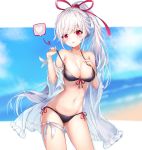  bangs beach bikini blue_sky blurry blurry_background blush breasts cleavage collarbone contrapposto cowboy_shot dana_(hapong07) day eyebrows_visible_through_hair front-tie_bikini front-tie_top groin hair_ribbon hand_on_own_chest heart highres long_hair looking_at_viewer medium_breasts mole mole_under_eye navel ocean open_mouth original outdoors outside_border pink_eyes ponytail ribbon shawl side-tie_bikini sky solo spoken_heart standing stomach strap_gap strap_lift swimsuit very_long_hair white_hair 