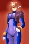  1girl aile alternat_breasts_size alternate_costume bangs bodysuit breasts brown_background brown_hair cosplay cropped_jacket green_eyes hair_between_eyes hand_on_hip jacket large_breasts long_hair puffy_short_sleeves puffy_sleeves rockman rockman_zx rockman_zx_advent short_sleeves simple_background skin_tight smile solo spandex 