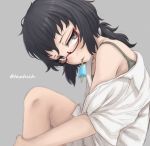 black_eyes black_hair black_shirt blurry camisole closed_mouth commentary food from_side girls_und_panzer glaring glasses grey_background half-closed_eyes head_tilt highres leg_grab light_frown long_sleeves looking_at_viewer medium_hair messy_hair mouth_hold off_shoulder oryou_(girls_und_panzer) popsicle red-framed_eyewear semi-rimless_eyewear shirt short_ponytail simple_background sitting sleeves_rolled_up solo sweat tacch twitter_username under-rim_eyewear white_shirt 