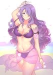  arm_up bikini breasts camilla_(fire_emblem_if) cleavage fire_emblem fire_emblem_heroes fire_emblem_if flower hair_flower hair_ornament hair_over_one_eye large_breasts lips navel purple_eyes purple_hair sarong see-through sidelocks smile solo swimsuit tcong thighs wavy_hair 