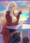  black_footwear black_gloves black_skirt boots breasts carmilla_(fate/grand_order) chair coat commentary_request cup fate/grand_order fate_(series) gloves heroic_spirit_traveling_outfit highres large_breasts long_hair looking_at_viewer looking_to_the_side red_coat sangatsu_(mitsuki358) silver_hair sitting skirt solo table thigh_boots thighhighs trench_coat turtleneck wavy_hair yellow_eyes 