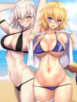  armpits beach bikini black_bikini blonde_hair blue_bikini blue_eyes blush braid breasts cleavage cloud cloudy_sky commentary_request cowboy_shot criss-cross_halter day eyebrows_visible_through_hair fate/grand_order fate_(series) halterneck jeanne_d'arc_(alter)_(fate) jeanne_d'arc_(fate) jeanne_d'arc_(fate)_(all) large_breasts long_braid long_hair multiple_girls ocean open_mouth outdoors seaside silver_hair single_braid sky swimsuit thigh_strap towel underbust untsue yellow_eyes 