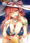  animal_ear_fluff animal_ears bare_shoulders between_breasts bikini blue_bikini bow bracelet breasts cleavage day detexted ears_through_headwear fate/grand_order fate_(series) food fox_ears fruit hat hat_bow highres holding jewelry large_breasts leaning_forward looking_at_viewer necklace non-web_source outdoors pink_eyes scan smile solo spoon strawberry striped striped_bow summer sun_hat swimsuit tamamo_(fate)_(all) tamamo_no_mae_(swimsuit_lancer)_(fate) third-party_edit tropical_drink umakuchi_shouyu white_hat yellow_eyes 
