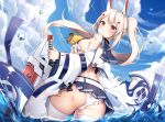  anthropomorphism ayanami_(azur_lane) azur_lane bandaid blonde_hair blush clouds long_hair mamemena no_bra orange_eyes panties seifuku skirt sky sword thighhighs torn_clothes twintails underwear water weapon wet 