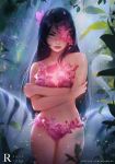  bare_arms bare_legs bare_shoulders black_hair breasts cleavage cowboy_shot crossed_arms flower forest freckles grey_eyes hair_flower hair_ornament hair_over_one_eye jungle lingerie lips long_hair looking_at_viewer nature navel original petals plant ross_tran small_breasts smile standing underwear 