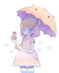  animal_themed_umbrella ayu_(mog) bangs blonde_hair blue_eyes blush bow dress eyebrows_visible_through_hair hair_bow holding holding_umbrella looking_at_viewer octopus original pantyhose parted_lips short_hair short_sleeves signature simple_background solo standing striped striped_legwear umbrella white_background white_bow yellow_dress 