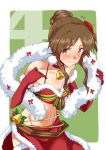  bangs bell bell_choker blush brown_hair choker commentary_request cosplay cowboy_shot dancer elbow_gloves embarrassed eyebrows_visible_through_hair feather_boa flower flying_sweatdrops fur_trim gloves green_background hair_bun hair_flower hair_ornament hibiscus idolmaster idolmaster_cinderella_girls long_hair looking_away midriff natalia_(idolmaster) natalia_(idolmaster)_(cosplay) navel nontraditional_santa pom_pom_earrings red_gloves red_legwear red_skirt santa_costume simple_background skirt solo takamori_aiko tearing_up thighhighs updo wavy_mouth yellow_eyes youhei_(testament) 