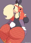  2018 anthro avian big_butt blaziken blue_eyes butt clothed clothing digital_media_(artwork) female hair hi_res nintendo pinkcappachino playboy_bunny pok&eacute;mon pok&eacute;mon_(species) ponytail signature simple_background solo sweat sweatdrop thick_thighs video_games yellow_sclera 