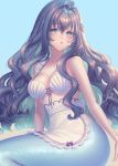  apron bangs bare_arms bare_shoulders big_hair blue_background blue_eyes blush braid breasts commentary_request grey_hair large_breasts long_hair looking_at_viewer maid mermaid monster_girl original parted_lips sakura_shiho shell shell_bikini signature sitting solo waist_apron white_apron 