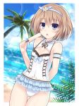  bare_shoulders beach bikini blanc blue_eyes blush breasts brown_hair cleavage_cutout cross-laced_clothes day eyebrows_visible_through_hair food frilled_bikini frills headband highres kazuneko_(wktk1024) neptune_(series) open_mouth popsicle shiny shiny_skin small_breasts swimsuit 