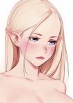  bangs blonde_hair blush breasts closed_mouth commentary elf embarrassed english_commentary highres jeff_macanoli large_breasts long_hair looking_down nude original parted_bangs pointy_ears purple_eyes simple_background solo white_background 
