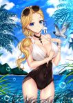  1girl adjusting_clothes adjusting_swimsuit animal artist_name azur_lane bangs bird black_choker black_swimsuit blonde_hair blue_eyes blue_flower blurry blurry_background bracelet breasts bubbles casual_one-piece_swimsuit choker cleavage closed_mouth collarbone covered_navel cowboy_shot depth_of_field earrings erect_nipples eyewear_on_head flower grass hair_flower hair_ornament hair_over_shoulder hair_tie halterneck hibiscus highres hood_(azur_lane) jewelry large_breasts long_hair looking_at_viewer o-ring o-ring_swimsuit ocean one-piece_swimsuit palm_tree sarong see-through shiny shiny_hair shiny_skin signature smile solo standing sunglasses swimsuit thigh_strap thighs tree veiny_breasts white_swimsuit whitepoplartree 