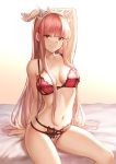  arched_back arm_support arm_up bangs bare_arms bed_sheet blunt_bangs blush bra breasts closed_mouth collarbone commentary crotchless_panties eyebrows_visible_through_hair fate/grand_order fate_(series) gradient gradient_background hair_between_eyes highres hips lingerie lips long_hair looking_at_viewer mashu_003 medb_(fate)_(all) medb_(fate/grand_order) medium_breasts multi-strapped_panties navel on_bed panties pink_bra pink_hair sidelocks sitting smile solo thighs tiara underwear underwear_only yellow_eyes 