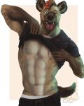  2018 abs anthro beard biceps brown_fur clothed clothing digital_drawing_(artwork) digital_media_(artwork) ear_piercing epic_soul facial_hair fur green_eyes hair hyena looking_at_viewer male mammal muscular muscular_male navel nipple_piercing nipples open_mouth pecs piercing red_beard red_hair scar shirt simple_background smile solo spots spotted_fur spotted_hyena standing t-shirt teeth tongue tongue_out 