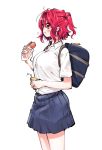  :t alternate_costume backpack bag blue_skirt blush breasts commentary_request contemporary cowboy_shot eating eyebrows_visible_through_hair food hair_between_eyes hair_bobbles hair_ornament highres holding holding_food hot_dog juice_box large_breasts mappe_(778exceed) miniskirt onozuka_komachi pleated_skirt red_eyes red_hair school_uniform shirt short_hair short_sleeves simple_background skirt solo standing thighs touhou two_side_up white_background white_shirt wing_collar 