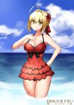  ahoge artist_name ass_visible_through_thighs blonde_hair blue_sky braid breasts cleavage cloud collarbone commentary cowfee crown_braid day dress eyebrows_visible_through_hair fate/grand_order fate_(series) flower green_eyes hair_between_eyes hair_flower hair_ornament hair_ribbon hand_on_hip hand_on_own_chest highres looking_at_viewer medium_breasts modern_costume_of_crimson nero_claudius_(fate) nero_claudius_(fate)_(all) outdoors red_dress red_ribbon ribbon short_hair sky smile solo thigh_gap thighs wading water 