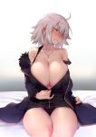  absurdres ahoge bangs biting black_dress black_panties blue_coat blush breasts coat collarbone comiket_94 commentary dress embarrassed fate/grand_order fate_(series) fur-trimmed_coat fur_trim hair_between_eyes highres hips huge_breasts jeanne_d'arc_(alter)_(fate) jeanne_d'arc_(fate)_(all) jewelry lip_biting looking_to_the_side necklace off_shoulder on_bed panties short_dress short_hair silver_hair sitting solo strap_slip thighs try underwear undressing upskirt wicked_dragon_witch_ver._shinjuku_1999 yellow_eyes zipper 
