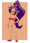  2018 blue_eyes blush bottomless censored clothed clothing ear_piercing embarrassed female footwear genie hair hand_on_hip humanoid j7w navel not_furry piercing pointy_ears ponytail purple_hair pussy shantae shantae_(series) shoes solo 