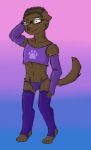  anthro arm_warmers armwear blush brown_fur brown_hair brown_nose bulge canine clothed clothing crossdressing dog eyewear fur girly glasses gradient_background hair leg_warmers legwear male mammal one_eye_closed one_tone_fur prunuscerasus_(artist) purple_clothes shirt simple_background smile standing stockings tank_top thong underwear wink 